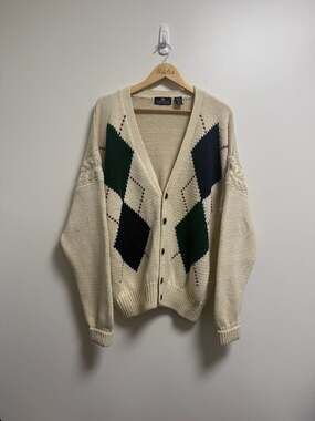 Structure Cardigan Size M Cream Argyle Vintage Knit Sweater